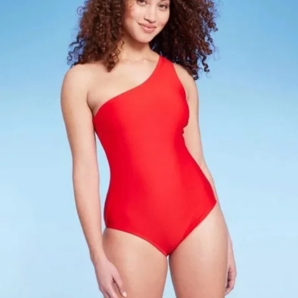 Kona Sol Hot Red One Shoulder Tummy Control One Piece Swimsuit Womens Medium NEW